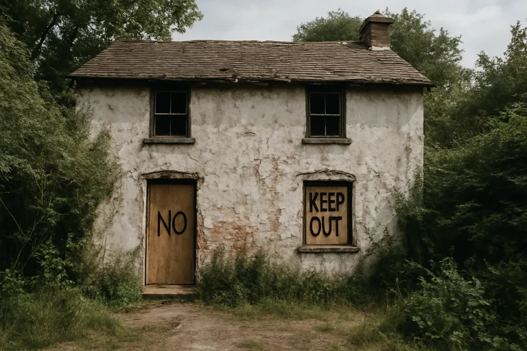 Façade d'une maison squattée avec des signes de délabrement et végétation