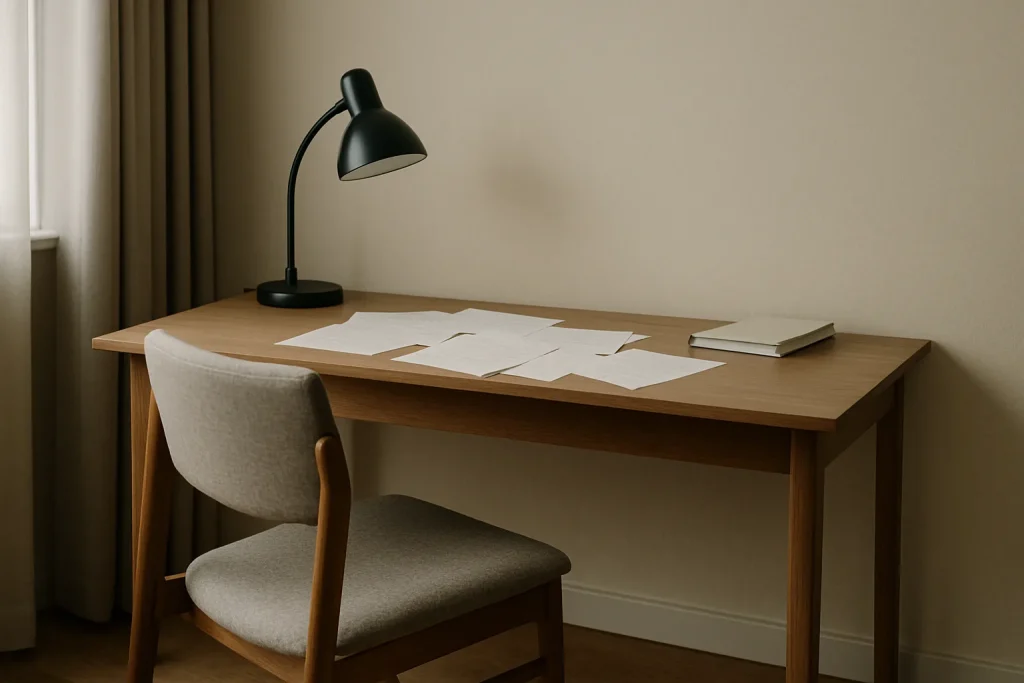 Intérieur d'une pièce de bureau avec chaise vide et papiers sur le bureau.