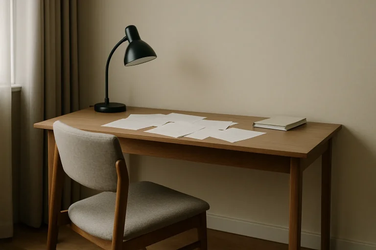 Intérieur d'une pièce de bureau avec chaise vide et papiers sur le bureau.
