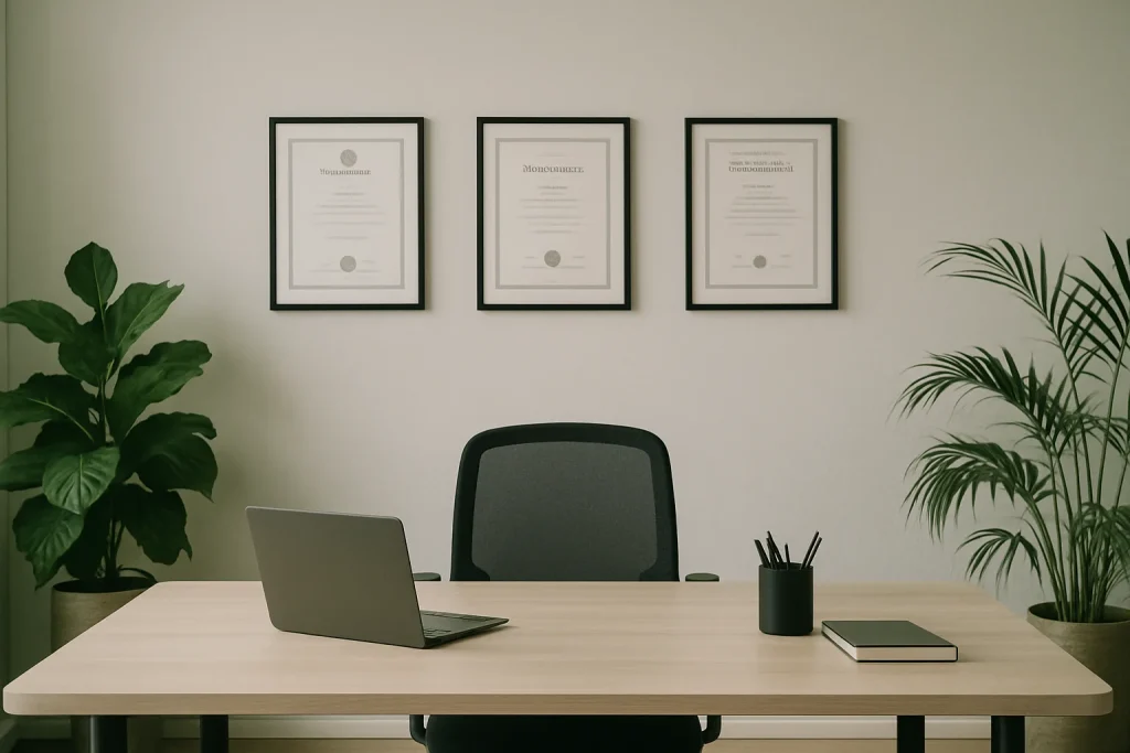 Bureau moderne avec certifications encadrées au mur, ambiance professionnelle