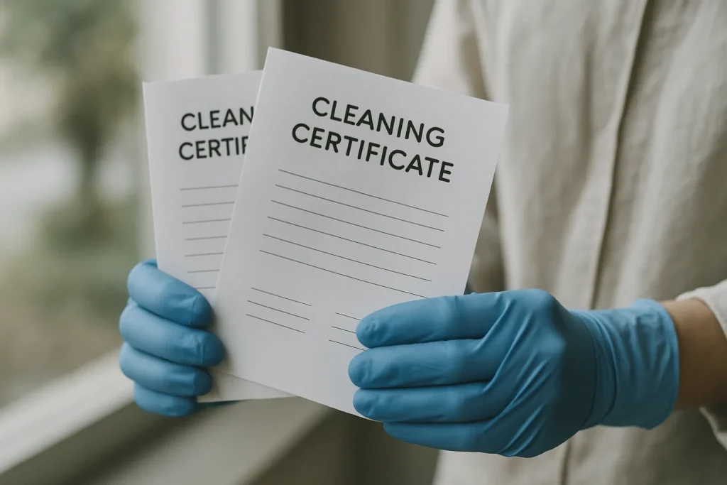 Mains gantées tenant des certificats de désinfection funéraire, fond flou.