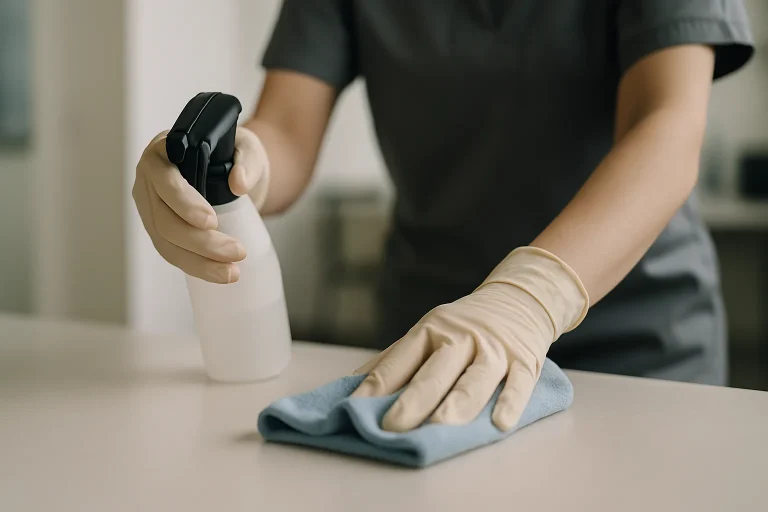 Mains gantées nettoyant une surface avec des outils spécialisés après un décès naturel