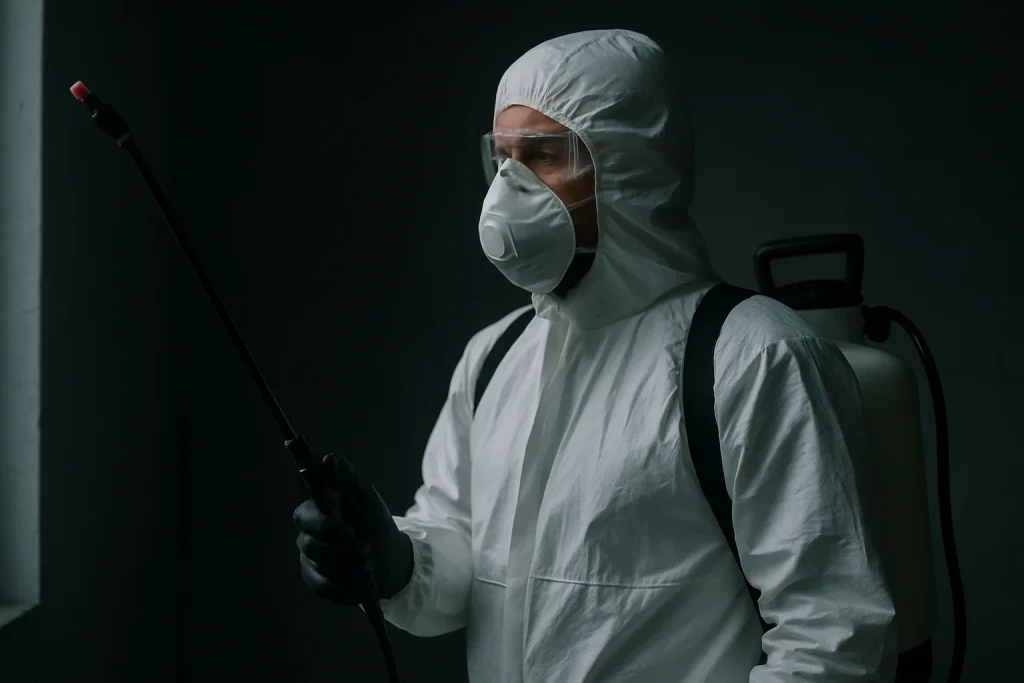 Technicien en protection pulvérisant un produit dans une pièce sombre.