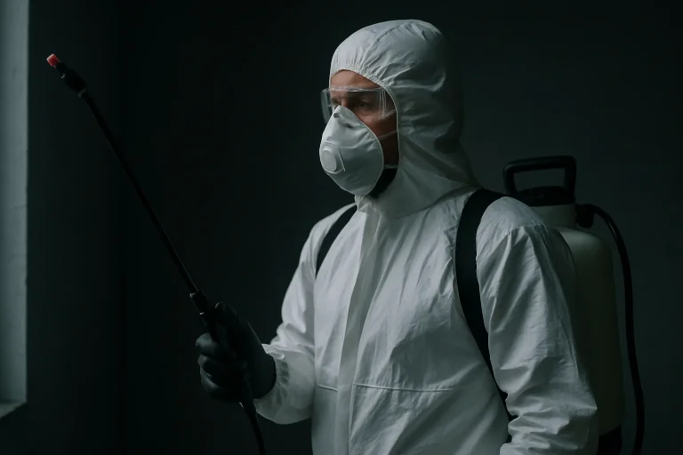 Technicien en protection pulvérisant un produit dans une pièce sombre.