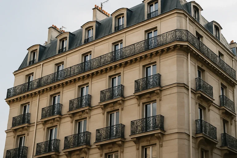 Façade d'un immeuble parisien avec balcons, lumière du jour.
