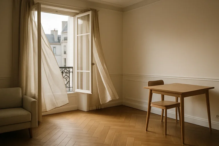 Appartement vide à Paris avec mobilier minimaliste et fenêtre ouverte, ambiance apaisante.