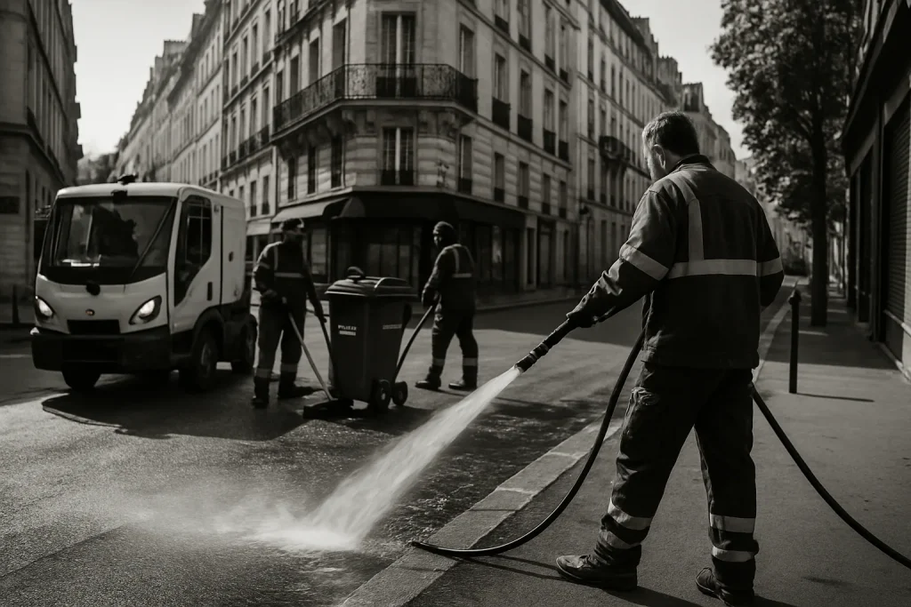 Équipe de nettoyage désinfectant une scène de crime à Paris, vue en noir et blanc