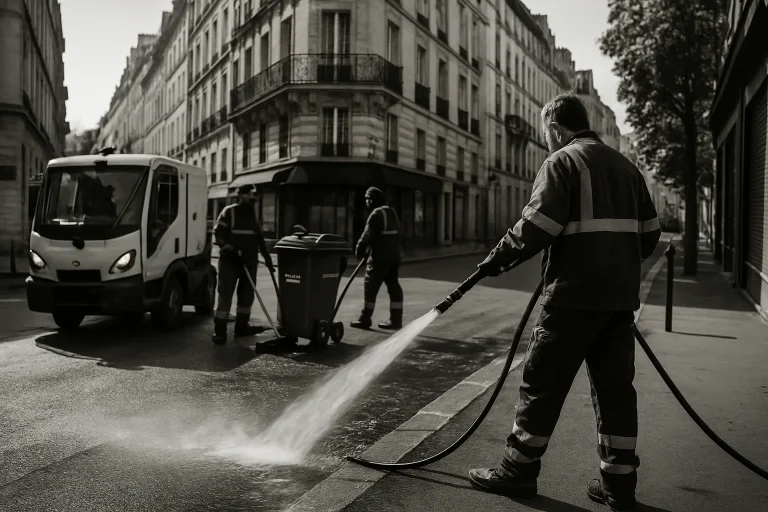 Équipe de nettoyage désinfectant une scène de crime à Paris, vue en noir et blanc