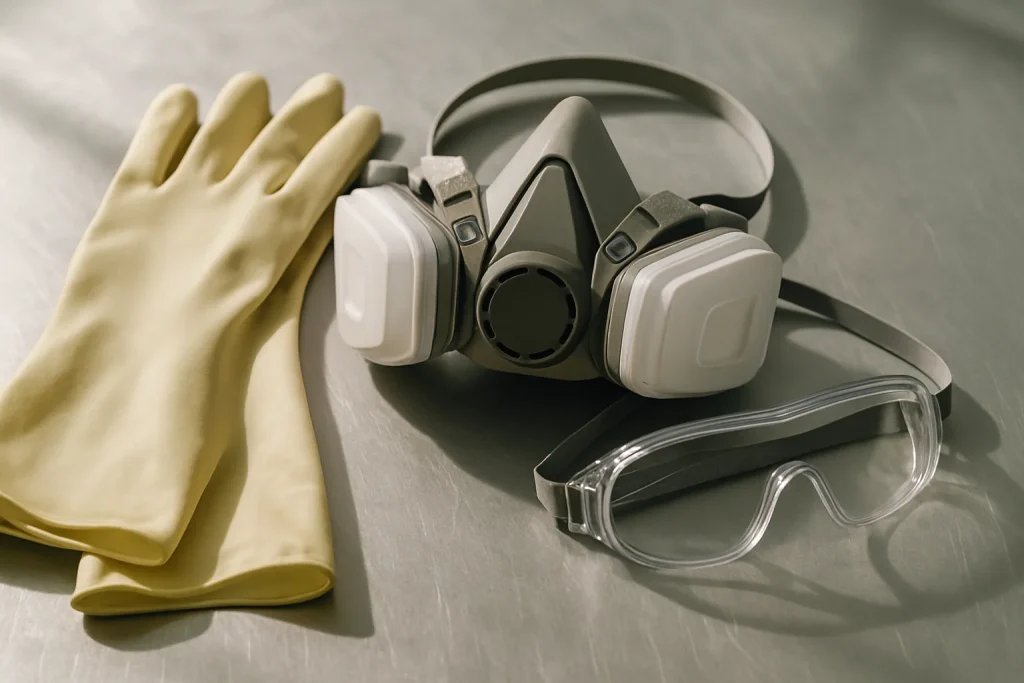 Gros plan sur des gants, masque et lunettes sur une surface métallique.