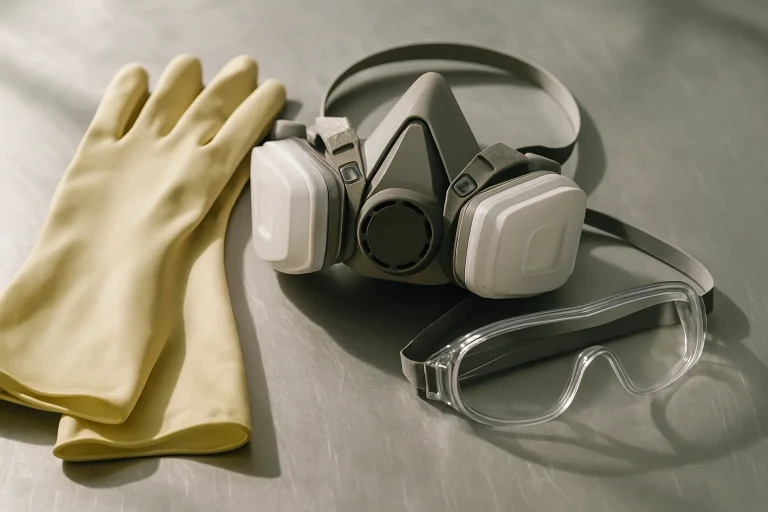 Gros plan sur des gants, masque et lunettes sur une surface métallique.
