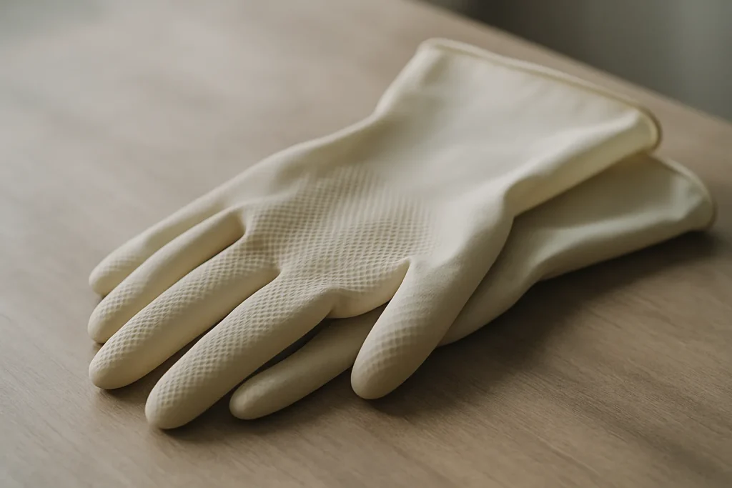 Gros plan sur des gants en caoutchouc, symbole de sécurité lors du nettoyage post-suicide.