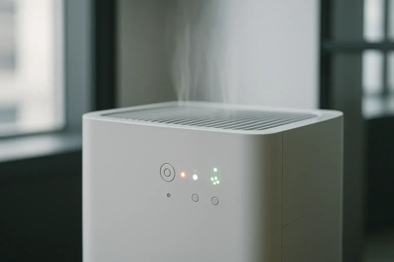 Machine de purification d'air avec boutons et indicateurs lumineux en gros plan.