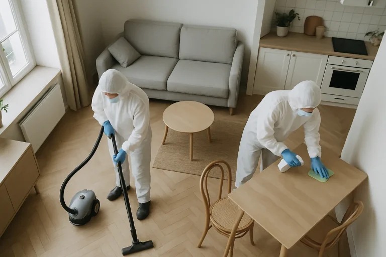 Des professionnels en tenue de protection nettoient un appartement parisien après un décès.