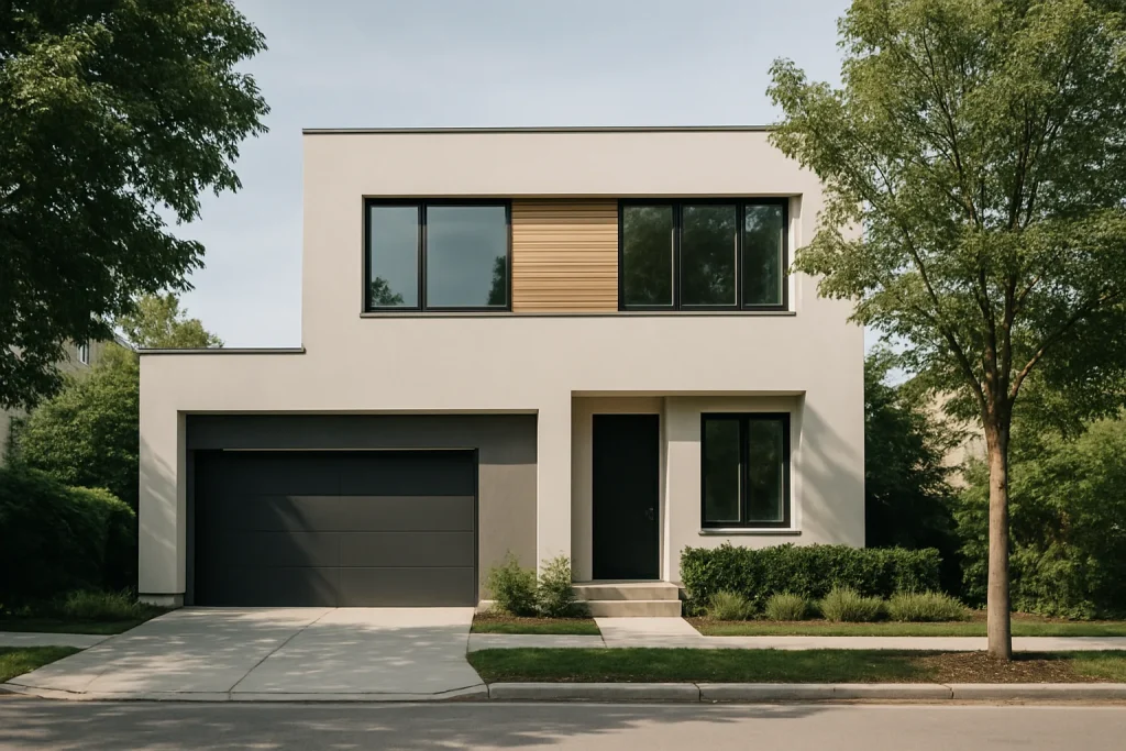 Maison urbaine moderne vue de l'extérieur, lumière du jour, environnement soigné