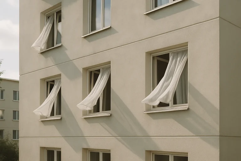 Bâtiment résidentiel avec fenêtres ouvertes et rideaux flottant au vent