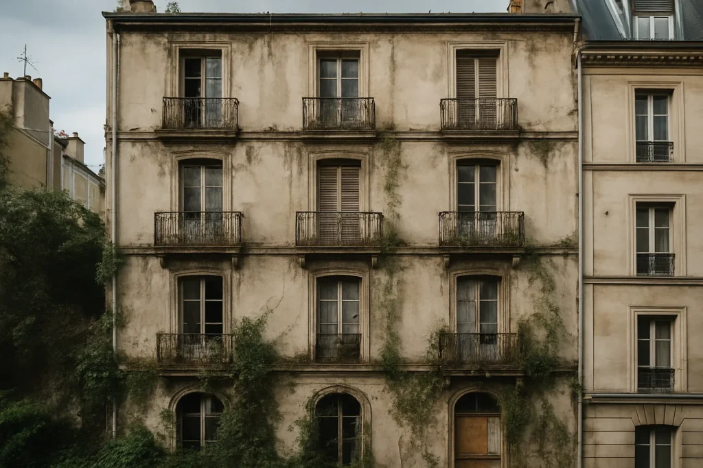 Façade d'un immeuble à Paris montrant des signes d'insalubrité, végétation envahissante.