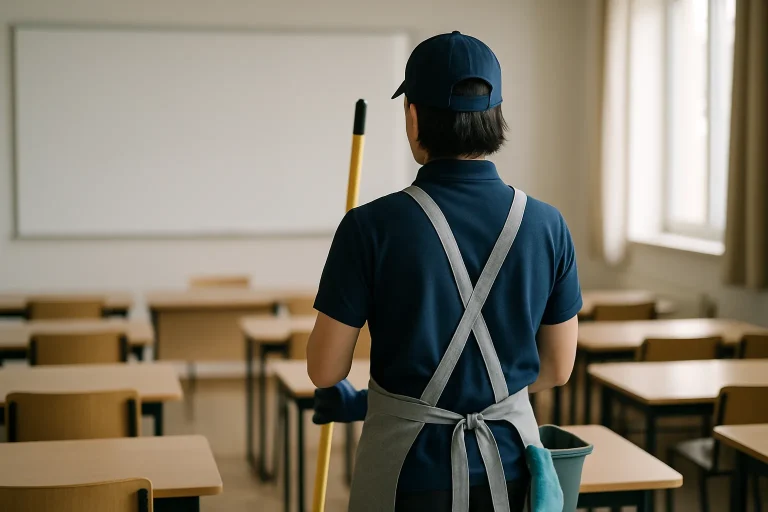 Étudiant en uniforme de nettoyage dans une salle de formation, de dos, lumière douce