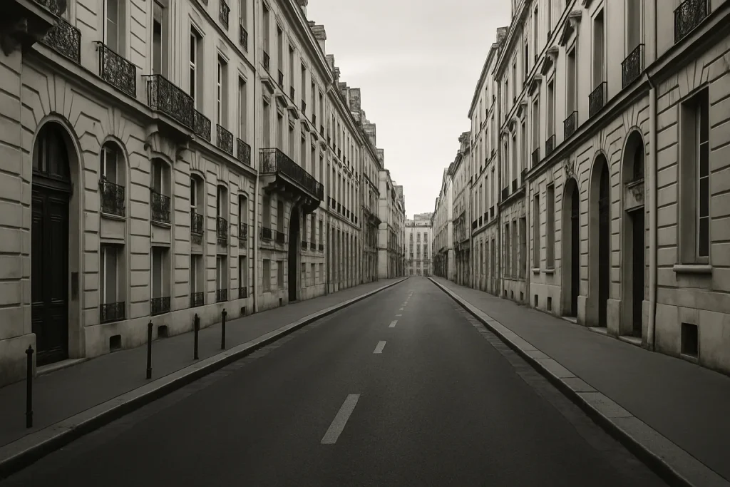 Rue parisienne vide en noir et blanc avec façades classiques, ambiance calme