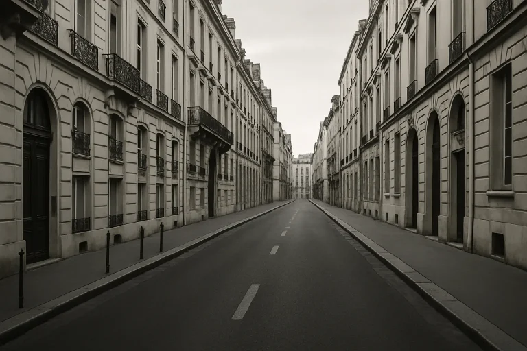 Rue parisienne vide en noir et blanc avec façades classiques, ambiance calme
