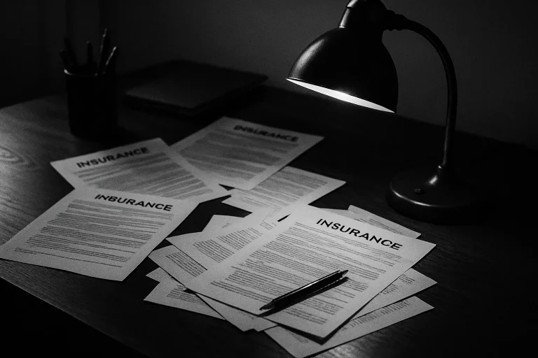 Bureau d'assurance avec documents de police, éclairage de lampe en noir et blanc