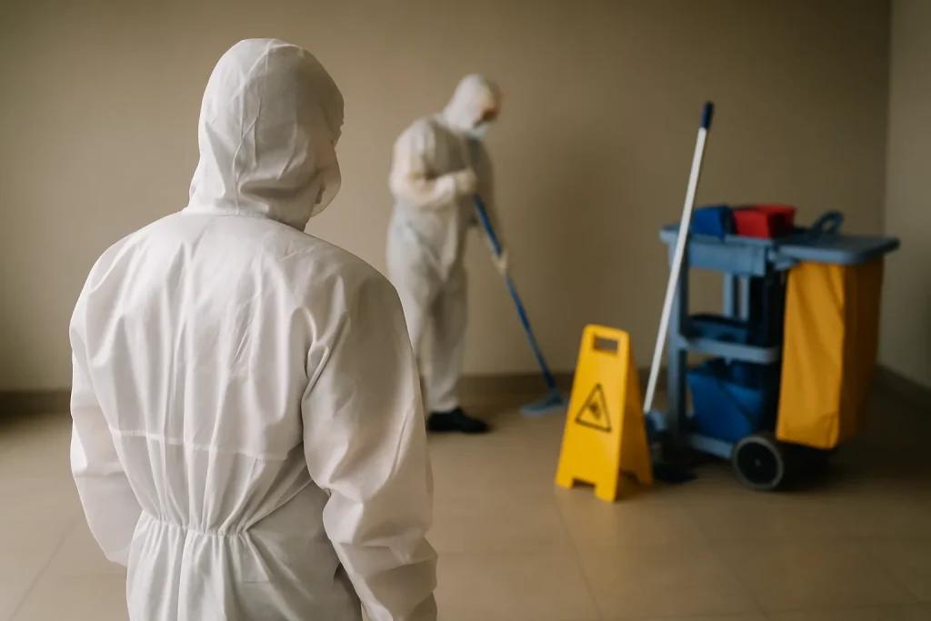 Technicien en tenue de protection de dos, nettoyant une scène à Paris.