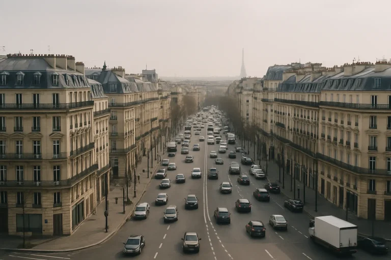 Paysage urbain de Paris sous un ciel brumeux, avec architecture haussmannienne et circulation visible