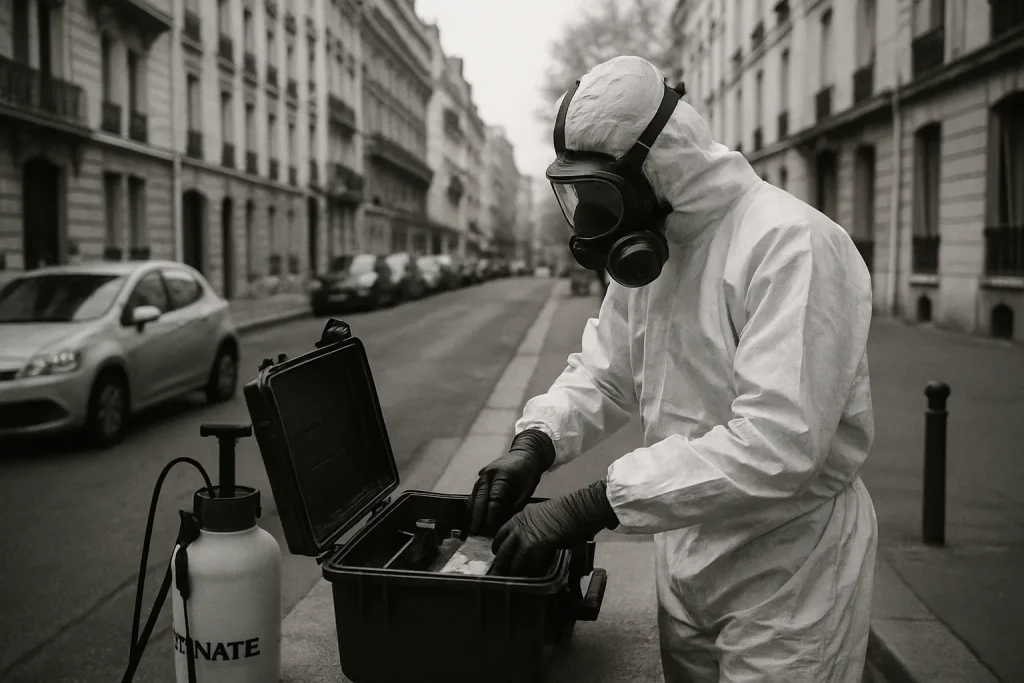 Technicien de décontamination préparant son matériel dans une rue de Paris