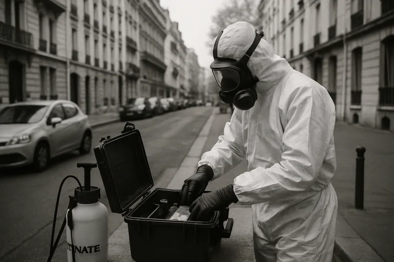 Technicien de décontamination préparant son matériel dans une rue de Paris