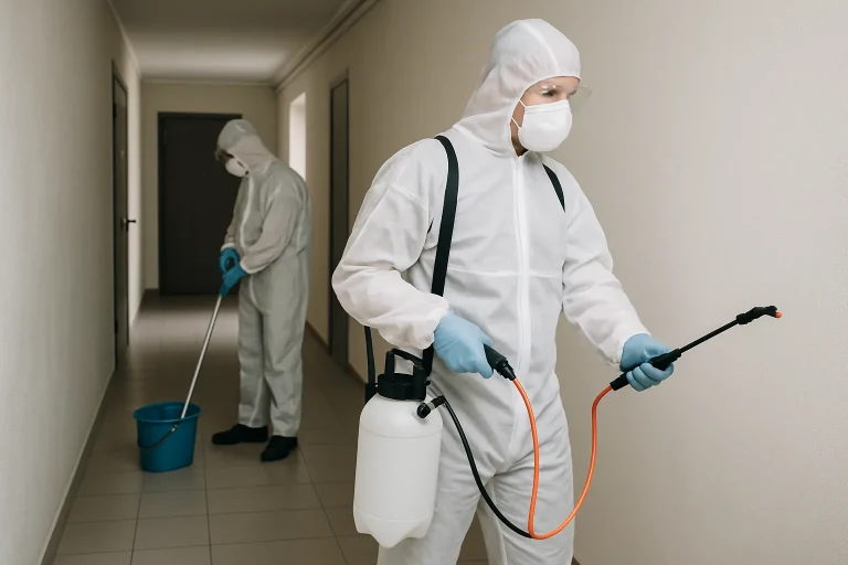 Techniciens en tenue de protection désinfectent un couloir, outils visibles.