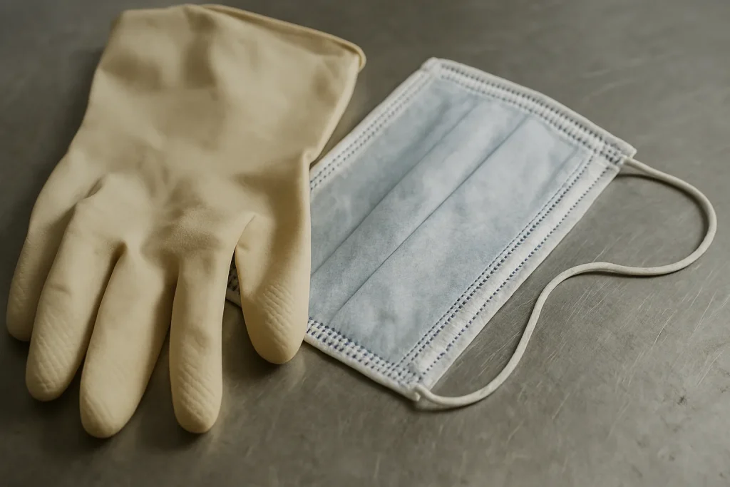 Gros plan sur des gants en caoutchouc et un masque de protection, lumière naturelle