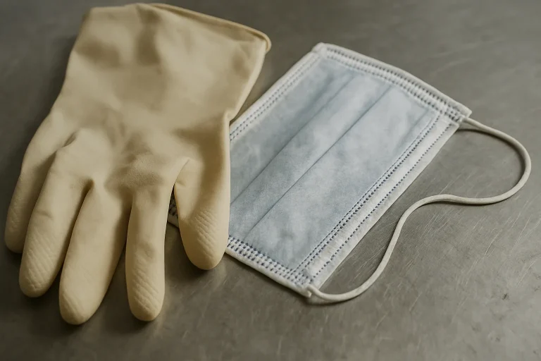 Gros plan sur des gants en caoutchouc et un masque de protection, lumière naturelle