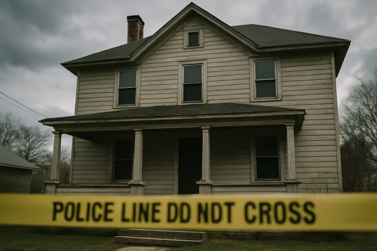 Maison avec bande de police, découverte de crime, lumière du jour
