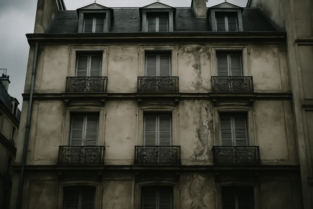 Immeuble ancien à Paris avec fenêtres fermées et signes d'insalubrité.