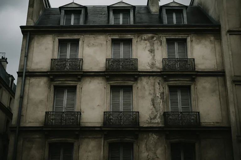 Immeuble ancien à Paris avec fenêtres fermées et signes d'insalubrité.