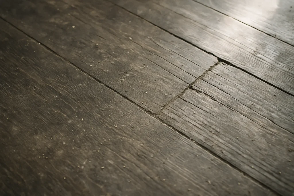 Gros plan sur un plancher en bois usé, soulignant la poussière et les débris.