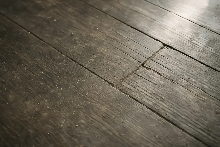 Gros plan sur un plancher en bois usé, soulignant la poussière et les débris.