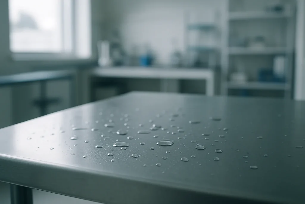 Surface métallique désinfectée avec gouttelettes d'eau, éclairage naturel