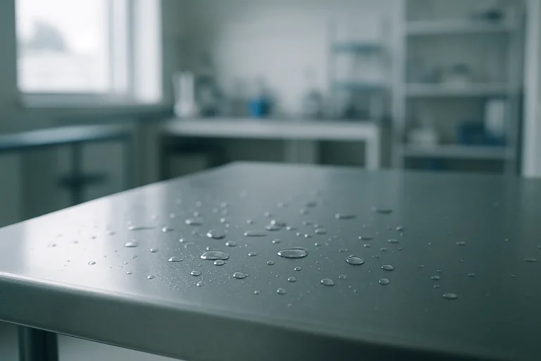 Surface métallique désinfectée avec gouttelettes d'eau, éclairage naturel