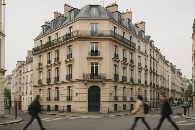 Rue parisienne avec immeuble typique, passants flous, ambiance urbaine.