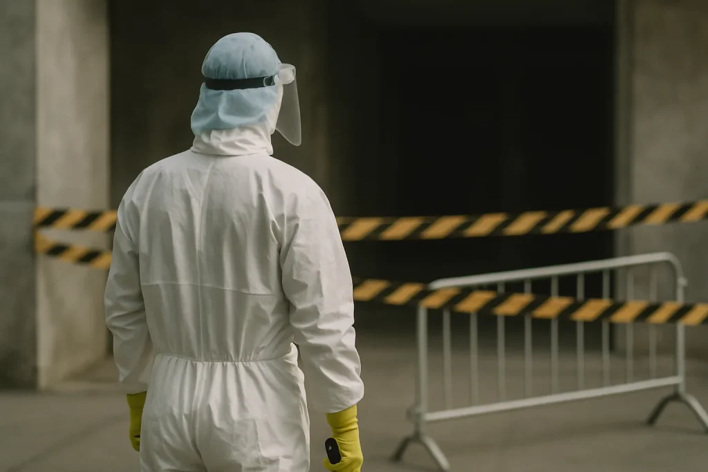 Nettoyeur de dos en tenue de protection devant une scène de suicide, ambiance réfléchie.