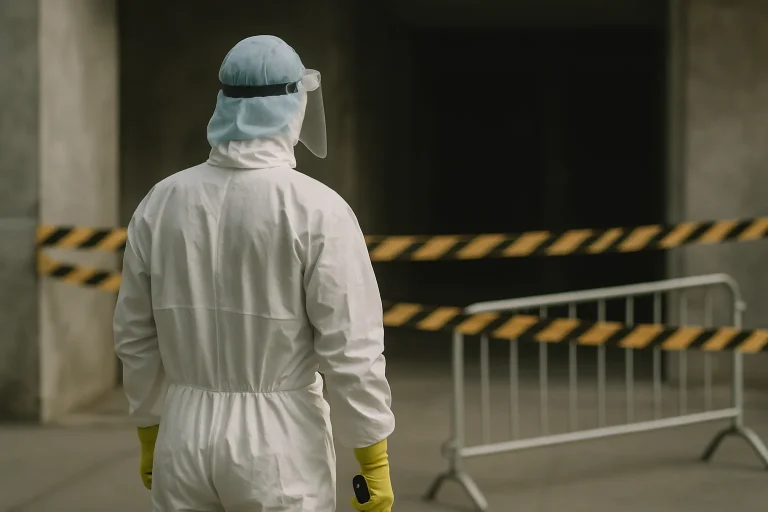 Nettoyeur de dos en tenue de protection devant une scène de suicide, ambiance réfléchie.