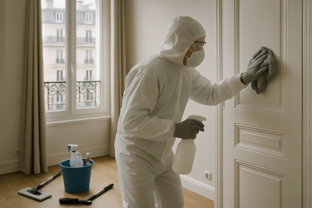 Technicien en tenue de protection nettoyant une pièce à Paris, outils visibles.