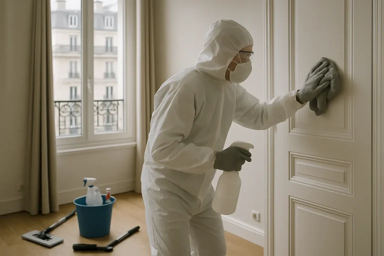 Technicien en tenue de protection nettoyant une pièce à Paris, outils visibles.