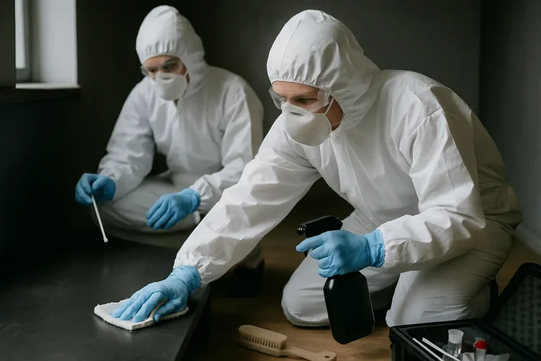 Techniciens en protection nettoyant une scène de crime avec suspect en liberté, outils visibles