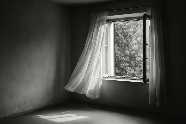Une pièce vide avec une fenêtre ouverte, rideaux flottant, lumière naturelle, en noir et blanc.