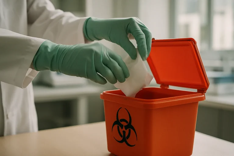 Mains en gants jetant des déchets dans un conteneur biohazard, fond flou