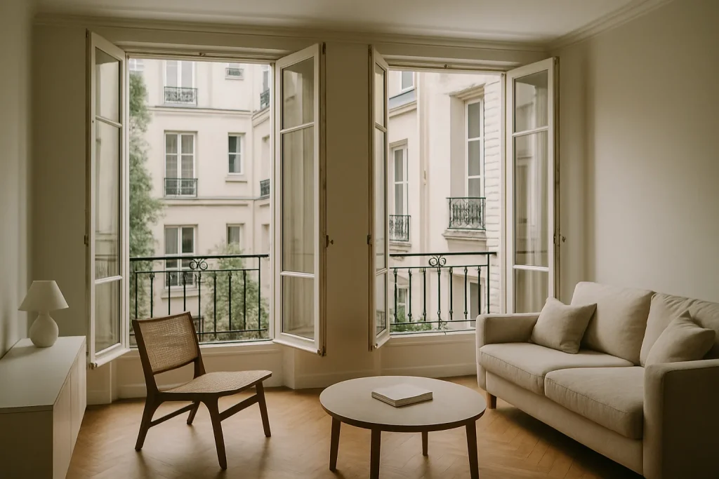 Appartement parisien avec fenêtres ouvertes, lumière douce, cour intérieure visible.