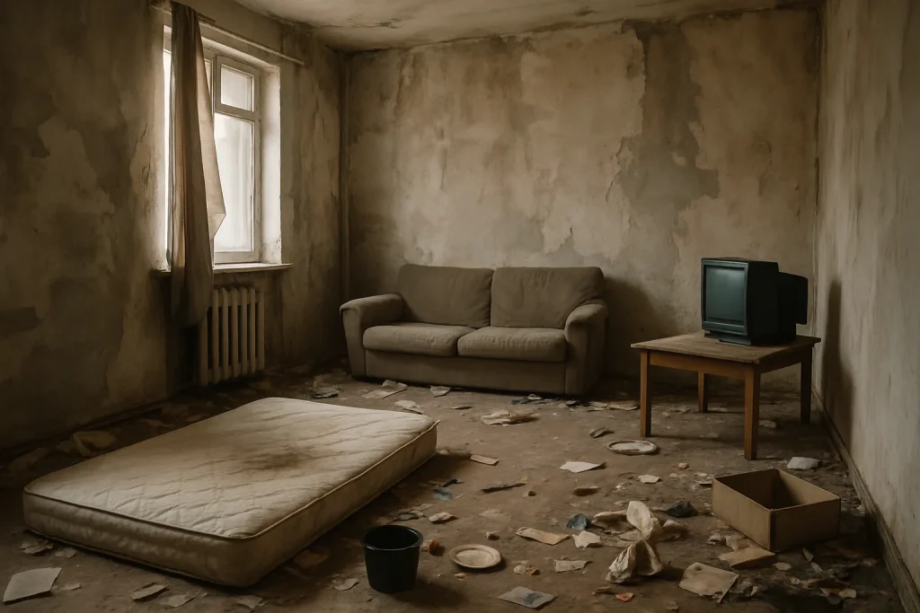 Appartement délabré avec des objets dispersés et murs en mauvais état.