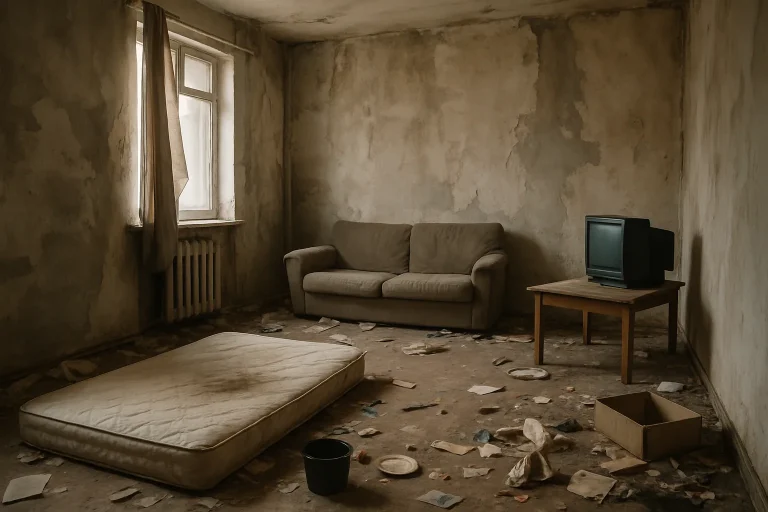 Appartement délabré avec des objets dispersés et murs en mauvais état.