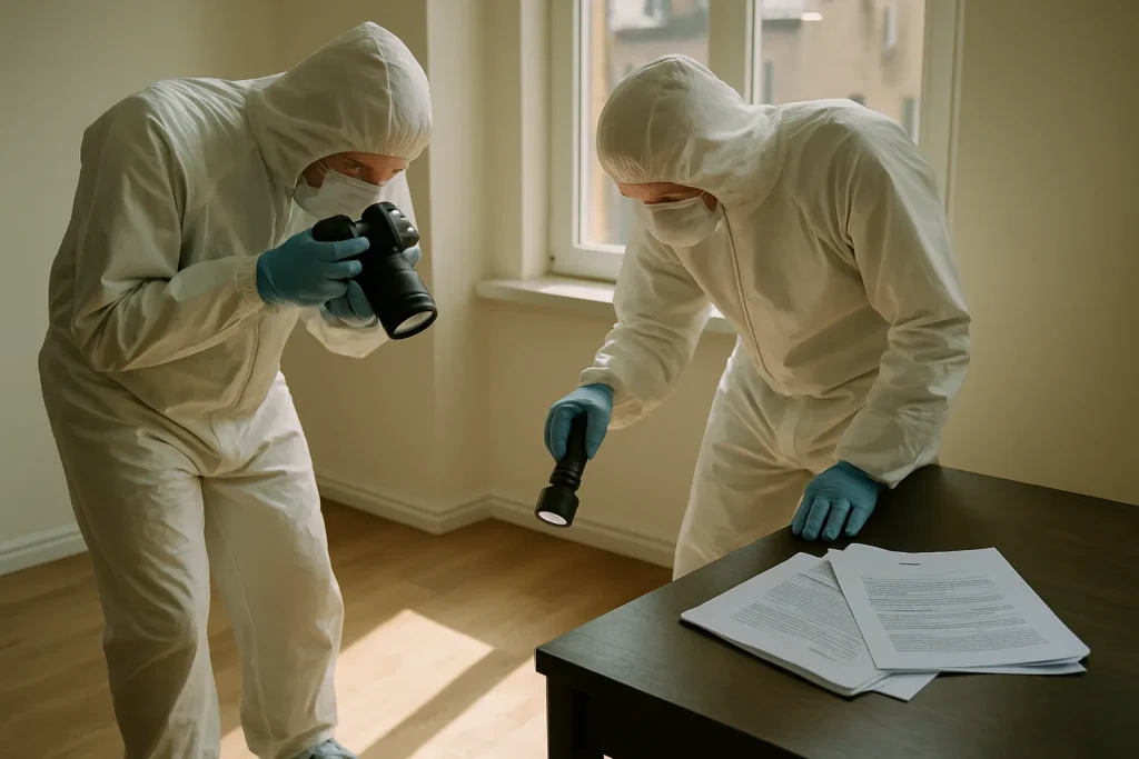 Techniciens en tenue de protection dans une pièce avec documents judiciaires sur une table